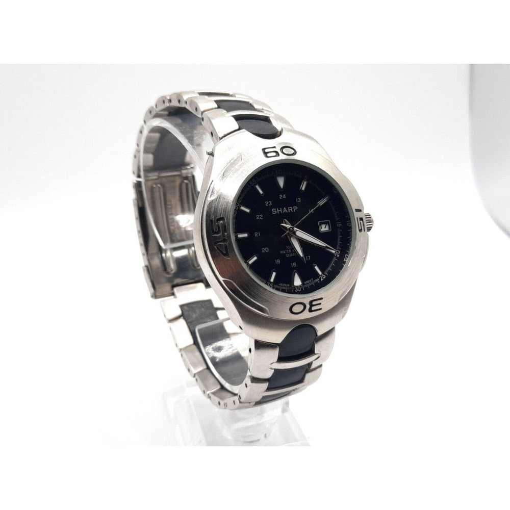 Sharp Mens Analog Watch 43mm New Battery Black 24hr Date Dial